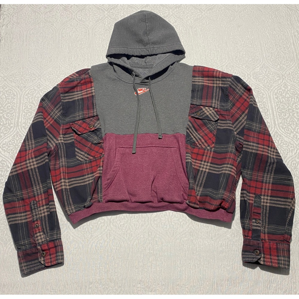 Vintage Patch Reworked Cropped Nike Hoodie Plaid Flannel Hybrid Grey Red Small